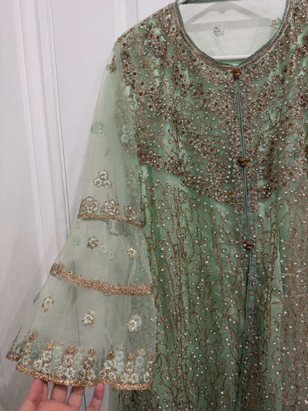 Pakistani Embellished Mint Green Party Dress with Gold Accents - Picture 4 of 7